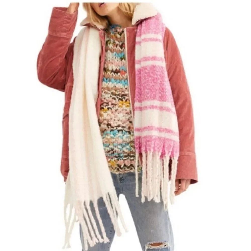 Free People Scarf Wrap Blanket Oversize Soft Cozy Plaid Pink Ivory NWT